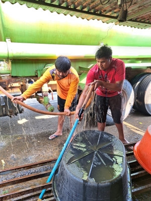 งานป้องกันฯ สำนักปลัด และกองสาธารณสุขและสิ่งแวดล้อม ทำความสะอาด ล้างตลาดสดเทศบาลตำบลตาดทอง