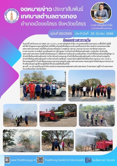 นายกภัคสุนันท์ นำทีมงานป้องกันฯ เทศบาลตำบลตาดทอง พร้อมกำลังสนับสนุนจากสถานีดับเพลิงหน่วยงานข้างเคียง ออกระงับเหตุเพลิงไหม้พื้นที่ตำบลตาดทอง